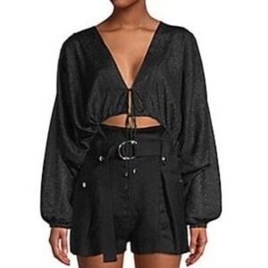 IRO Drinera Womens 66 Small Black Puff Sleeve Crop Top Front Tie Coquette Boho